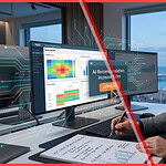 A professional photograph of a revenue manager at a modern multi-monitor desk with holographic cyan and orange data lines. On the central screen, an AI overlay displays 'AI Recommendation: Increase Rates' with an 'APPROVE' button. The manager looks at the screen, holding a pen over a notebook with charts, illustrating the use of AI in revenue management and strategic decision-making.