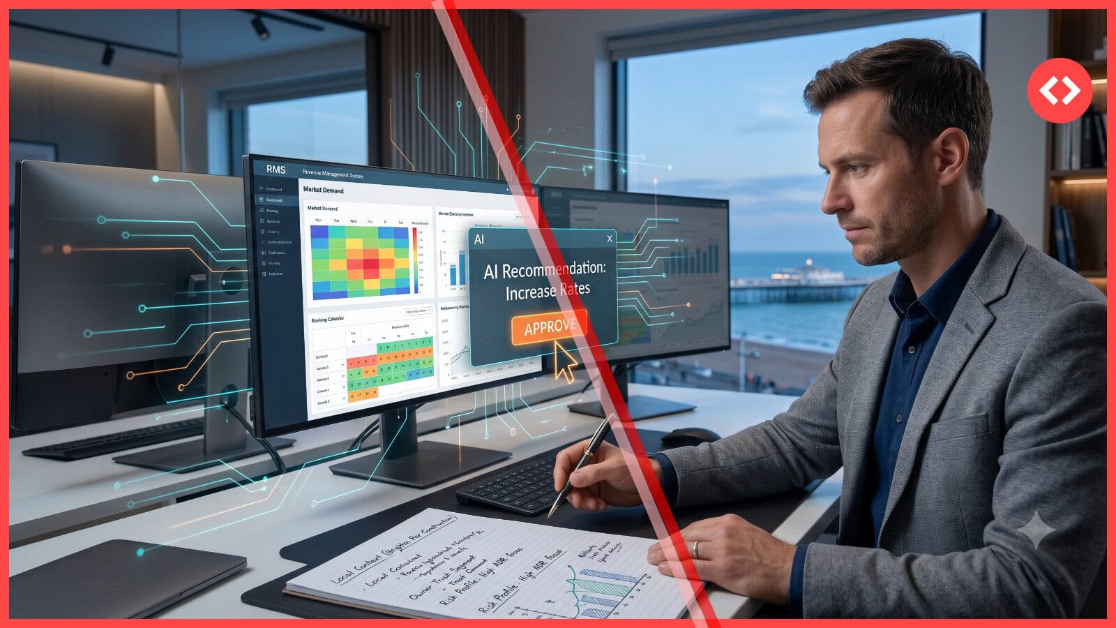 A professional photograph of a revenue manager at a modern multi-monitor desk with holographic cyan and orange data lines. On the central screen, an AI overlay displays 'AI Recommendation: Increase Rates' with an 'APPROVE' button. The manager looks at the screen, holding a pen over a notebook with charts, illustrating the use of AI in revenue management and strategic decision-making.