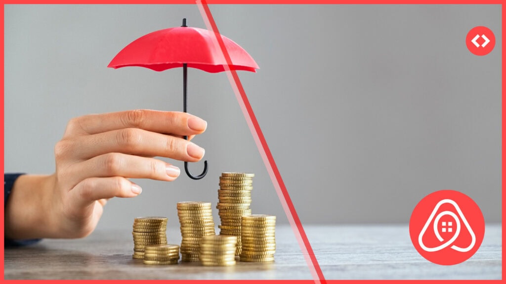 A hand holds a small red umbrella over rising stacks of gold coins, illustrating Airbnb Earnings Protection Insurance shielding short-term rental host income.