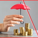 A hand holds a small red umbrella over rising stacks of gold coins, illustrating Airbnb Earnings Protection Insurance shielding short-term rental host income.