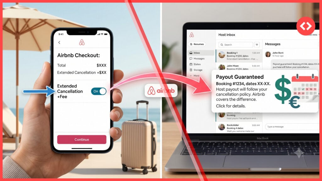 A split-screen illustration demonstrating the Airbnb Extended Cancellation Option, showing a guest activating the flexible add-on feature on a smartphone checkout screen while a laptop displays a guaranteed host payout notification.