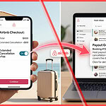 Home 16 A split-screen illustration demonstrating the Airbnb Extended Cancellation Option, showing a guest activating the flexible add-on feature on a smartphone checkout screen while a laptop displays a guaranteed host payout notification.