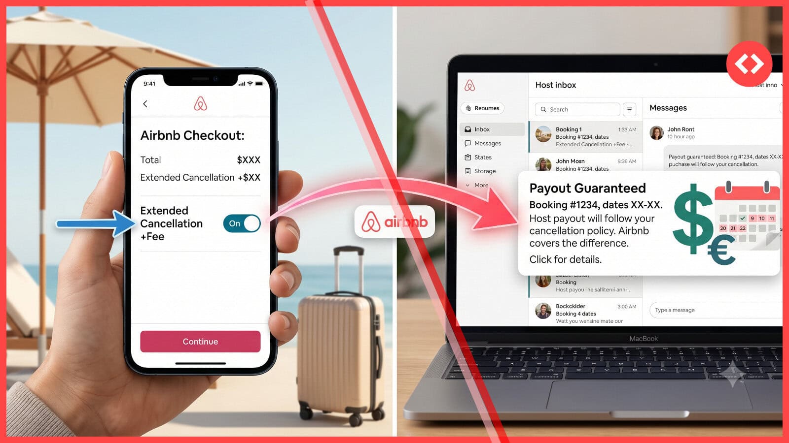 A split-screen illustration demonstrating the Airbnb Extended Cancellation Option, showing a guest activating the flexible add-on feature on a smartphone checkout screen while a laptop displays a guaranteed host payout notification.