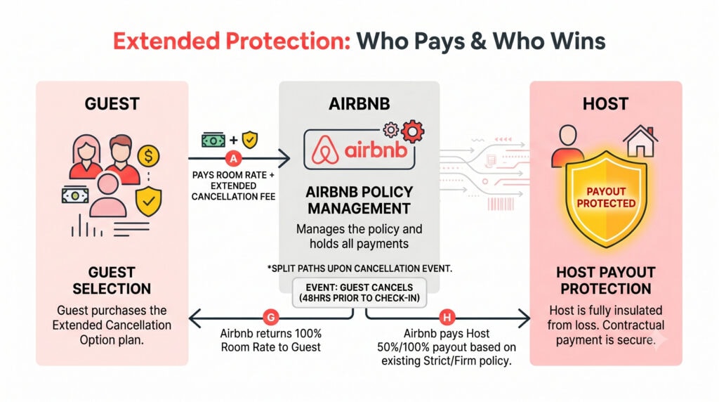 An infographic flowchart detailing the Airbnb Extended Cancellation Option. It illustrates a guest paying an extra fee to Airbnb, allowing the guest to receive a 100% refund upon late cancellation while Airbnb ensures the host's payout is completely protected.