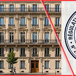 Hoguet Law short-term rental regulation France — Haussmann building with French property compliance stamp