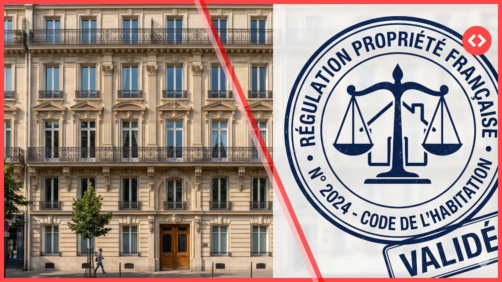 Hoguet Law short-term rental regulation France — Haussmann building with French property compliance stamp