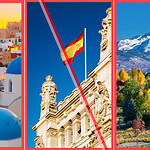 Greek island village, the Spanish flag over a government building, and a Colorado mountain town representing vacation rental laws