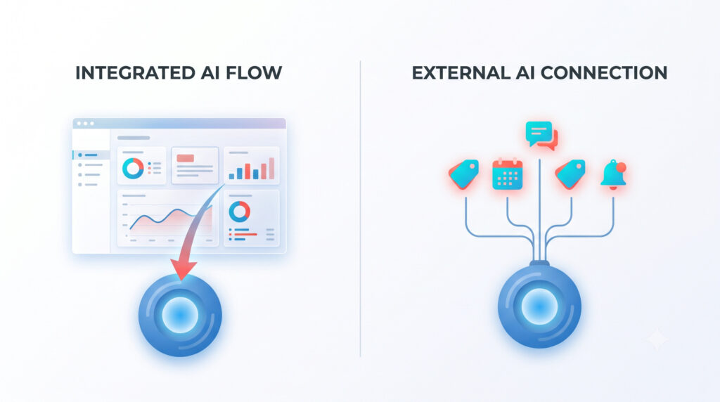 Diagram of two ways to use AI in vacation rentals: AI built into your software, or your own AI connected to your tools through a connector