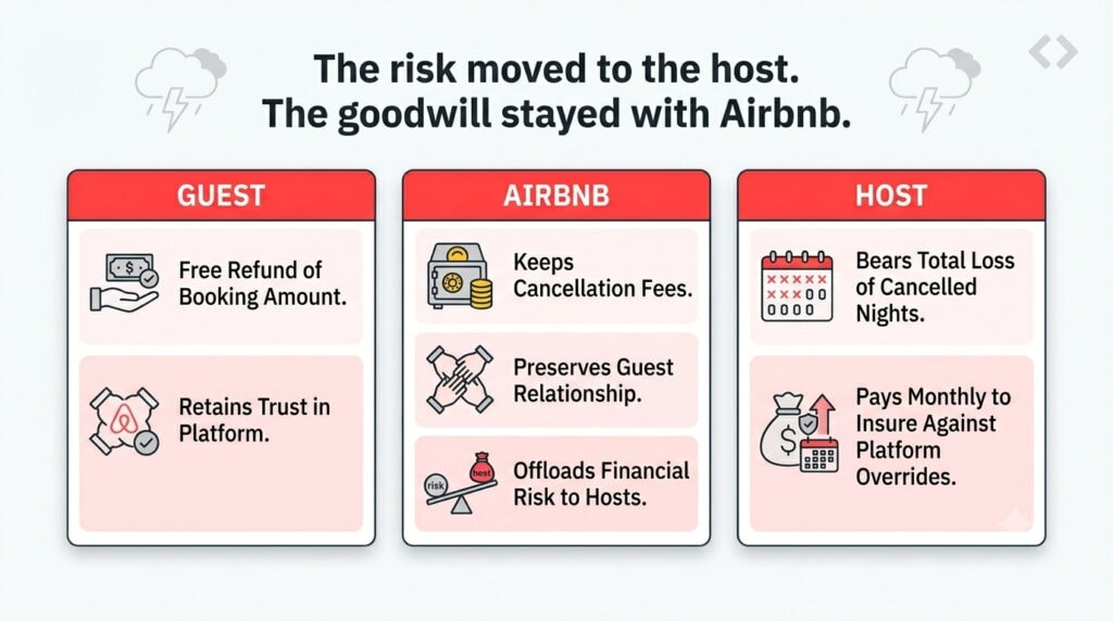 Airbnb Earnings Protection Insurance: The Paid Fix for a Problem Airbnb Built 3 Three-column comparison showing who wins and loses under Airbnb Earnings Protection Insurance when a disaster hits: the guest gets a free refund, Airbnb keeps fees and goodwill, and the host bears the loss and pays the premium.