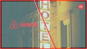 Home 1 Airbnb logo overlaid on a lit hotel sign at night, representing Airbnb's hotel supply expansion strategy