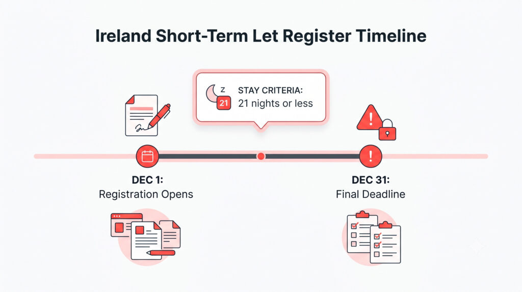 Ireland short-term rental permit registration timeline showing December 1 opening and December 31 deadline for stays of 21 nights or less