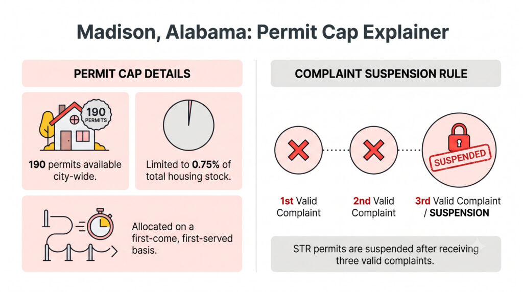 Infographic explaining Madison Alabama short-term rental permit cap of 190 units at 0.75% of housing stock on a first-come first-served basis with permit suspension after three valid complaints