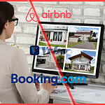 OTA advertising concept showing a property manager comparing vacation rental listings across Airbnb, Booking.com, and Vrbo