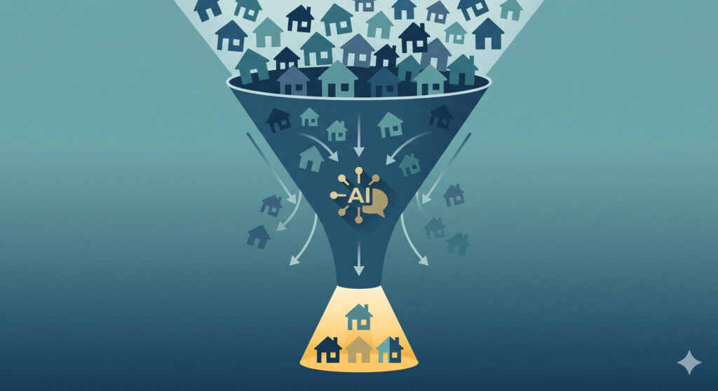 Airbnb, Booking.com, and Vrbo Are Changing How Listing Visibility Works, and It's Going to Cost You 2 Illustration of a funnel where AI filters many vacation rentals down to three, raising competition for OTA advertising slots
