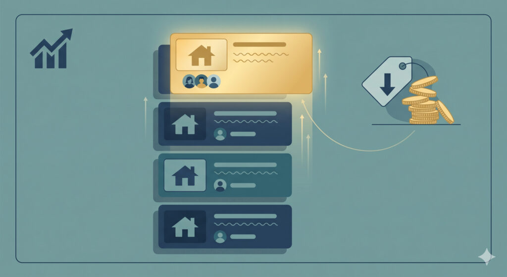 Airbnb, Booking.com, and Vrbo Are Changing How Listing Visibility Works, and It's Going to Cost You 1 Illustration showing a discounted listing rising in search results, the OTA advertising trade of margin for visibility