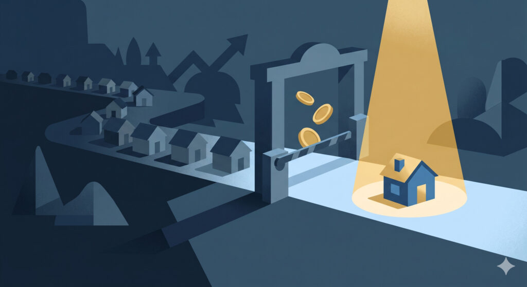 Airbnb, Booking.com, and Vrbo Are Changing How Listing Visibility Works, and It's Going to Cost You 3 Illustration of houses queuing at a toll gate that opens for payment, a metaphor for OTA advertising charging for visibility
