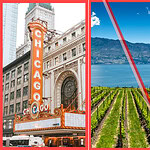 Three-panel collage of the Chicago Theatre marquee, a vineyard above a lake in Kelowna, and an Irish tricolour flag, illustrating this week's short-term rental policies