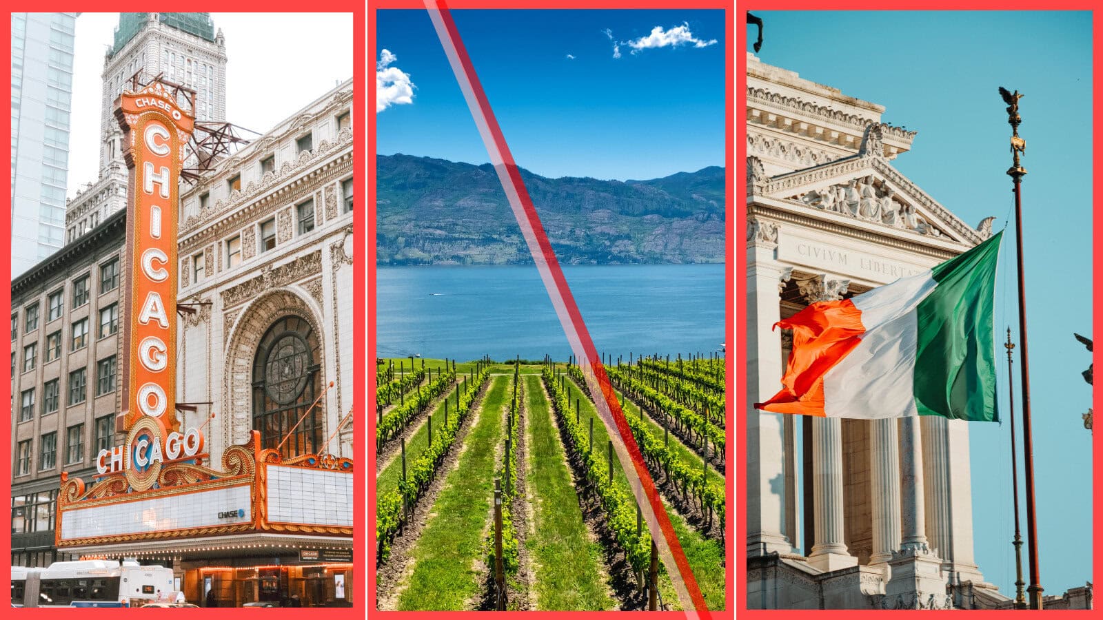Three-panel collage of the Chicago Theatre marquee, a vineyard above a lake in Kelowna, and an Irish tricolour flag, illustrating this week's short-term rental policies