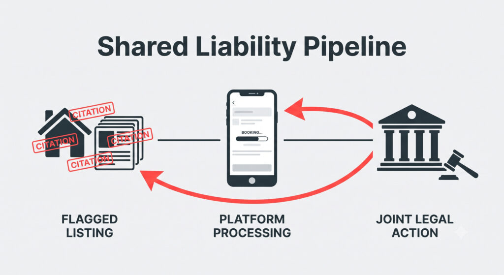 Flat infographic showing a host's unregistered listings, a booking platform, and a courthouse suing both, explaining Chicago's short-term rental policies and platform liability