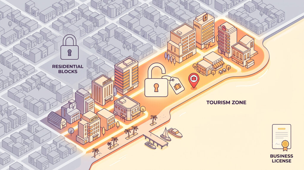 Isometric city map with an unlocked tourism zone and locked residential blocks, explaining Kelowna's short-term rental policies and where its provincial opt-out applies
