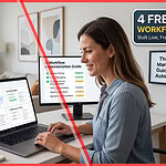A female short-term rental manager working at a desk on a laptop, viewing dashboards for AI workflows including dynamic pricing and guest messaging. A graphic overlay reads "4 FREE AI WORKFLOWS Built Live, Free to Copy".