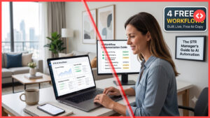 Home 34 A female short-term rental manager working at a desk on a laptop, viewing dashboards for AI workflows including dynamic pricing and guest messaging. A graphic overlay reads "4 FREE AI WORKFLOWS Built Live, Free to Copy".