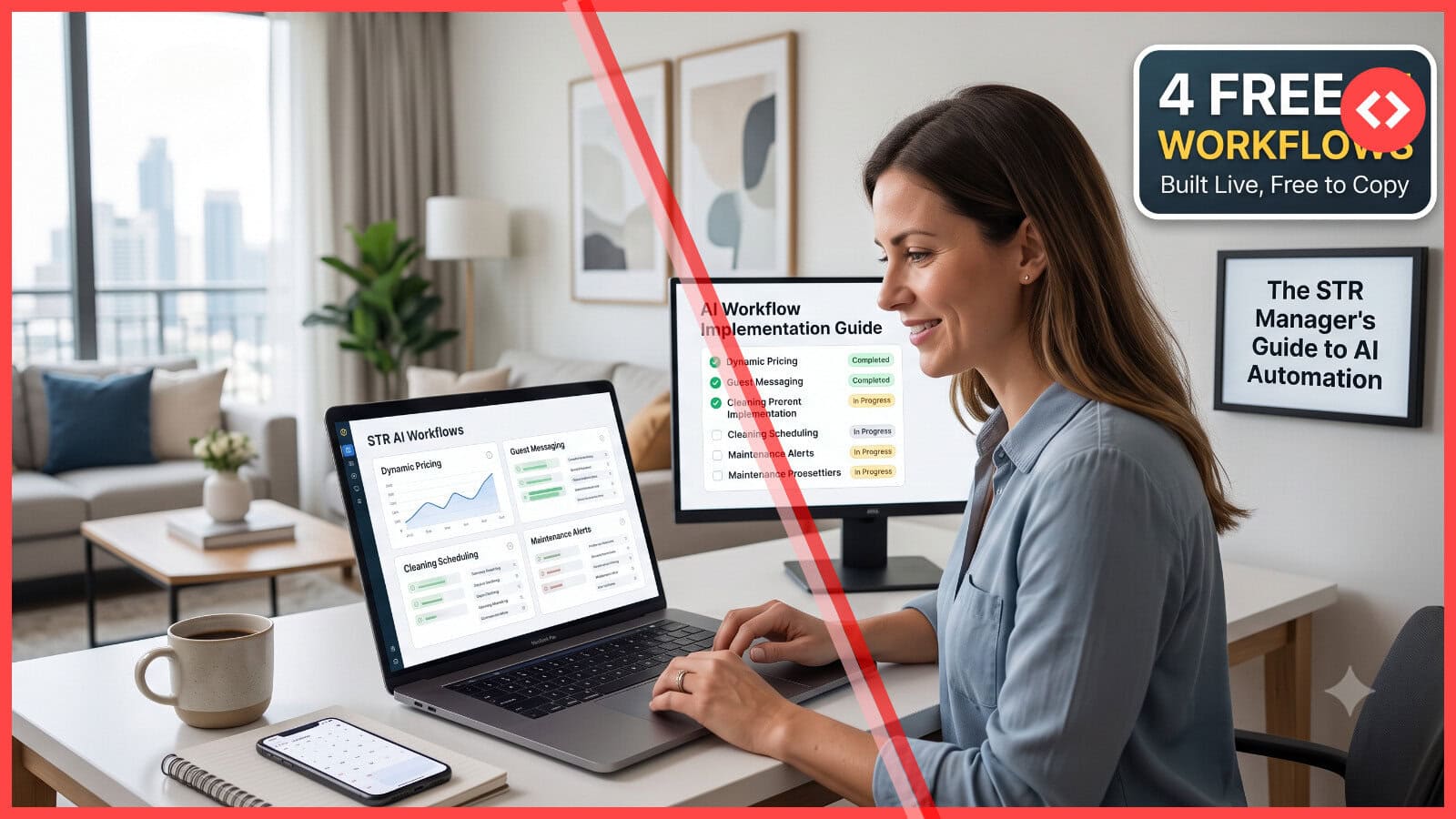 A female short-term rental manager working at a desk on a laptop, viewing dashboards for AI workflows including dynamic pricing and guest messaging. A graphic overlay reads "4 FREE AI WORKFLOWS Built Live, Free to Copy".