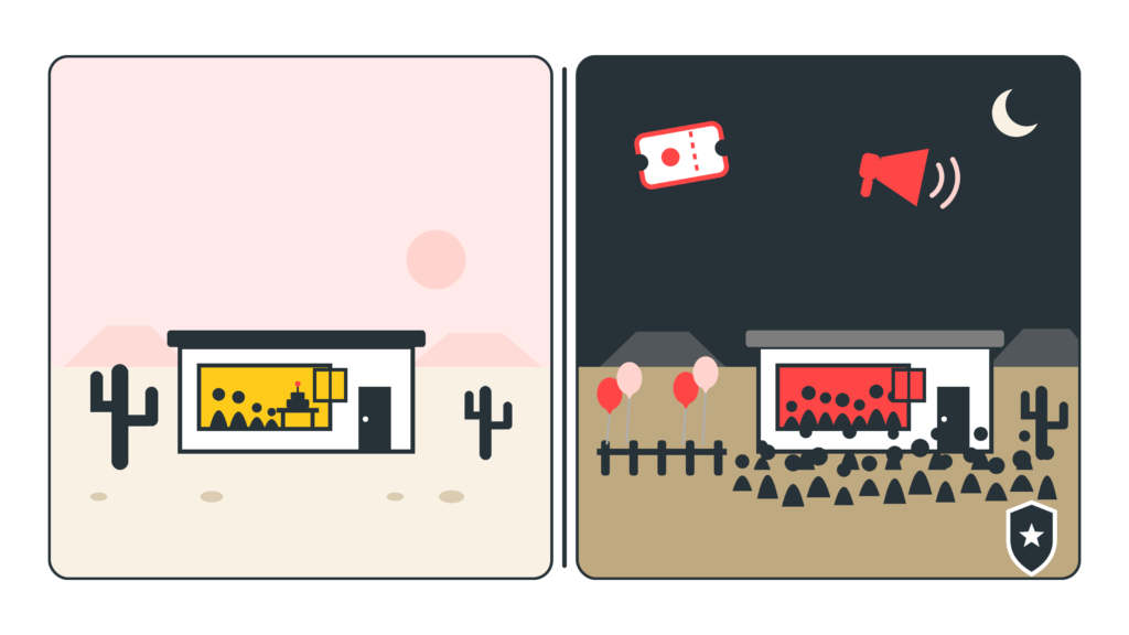 Split-panel comparison of a family gathering at a desert home versus a ticketed commercial party with a crowd, illustrating the event center definition in Scottsdale's short-term rental ordinances