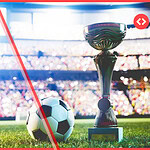 A soccer ball and championship trophy sit on a stadium pitch with a packed, blurred crowd in the stands, representing FIFA World Cup 2026 vacation rental demand