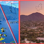 Three-panel composite showing the Austin skyline at sunset with a Texas postage stamp, a British Columbia coastal inlet with the province outline, and a Scottsdale desert neighborhood at dusk, illustrating this week's short-term rental ordinances