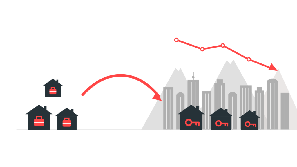 Illustration of housing units moving from short-term rental use to long-term housing beside a falling rent trend line over the Vancouver skyline, showing the mechanism British Columbia credits to its short-term rental ordinances