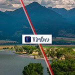 Hero image for an article about Vrbo's new advertising campaign, featuring a scenic mountain and river landscape divided by a red diagonal graphic with the Vrbo logo centered.