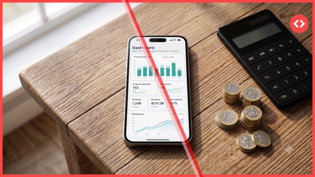 A smartphone displaying a short-term rental financial dashboard next to a calculator and stacks of European coins, illustrating Airbnb host fee VAT calculations.