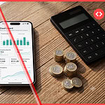 A smartphone displaying a short-term rental financial dashboard next to a calculator and stacks of European coins, illustrating Airbnb host fee VAT calculations.