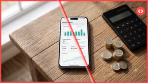 Home 17 A smartphone displaying a short-term rental financial dashboard next to a calculator and stacks of European coins, illustrating Airbnb host fee VAT calculations.
