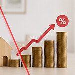 Illustration of an Airbnb host fee increase, showing a smartphone with a hosting interface beside a model house and rising stacks of coins connected by an upward red arrow, symbolizing higher hosting costs.