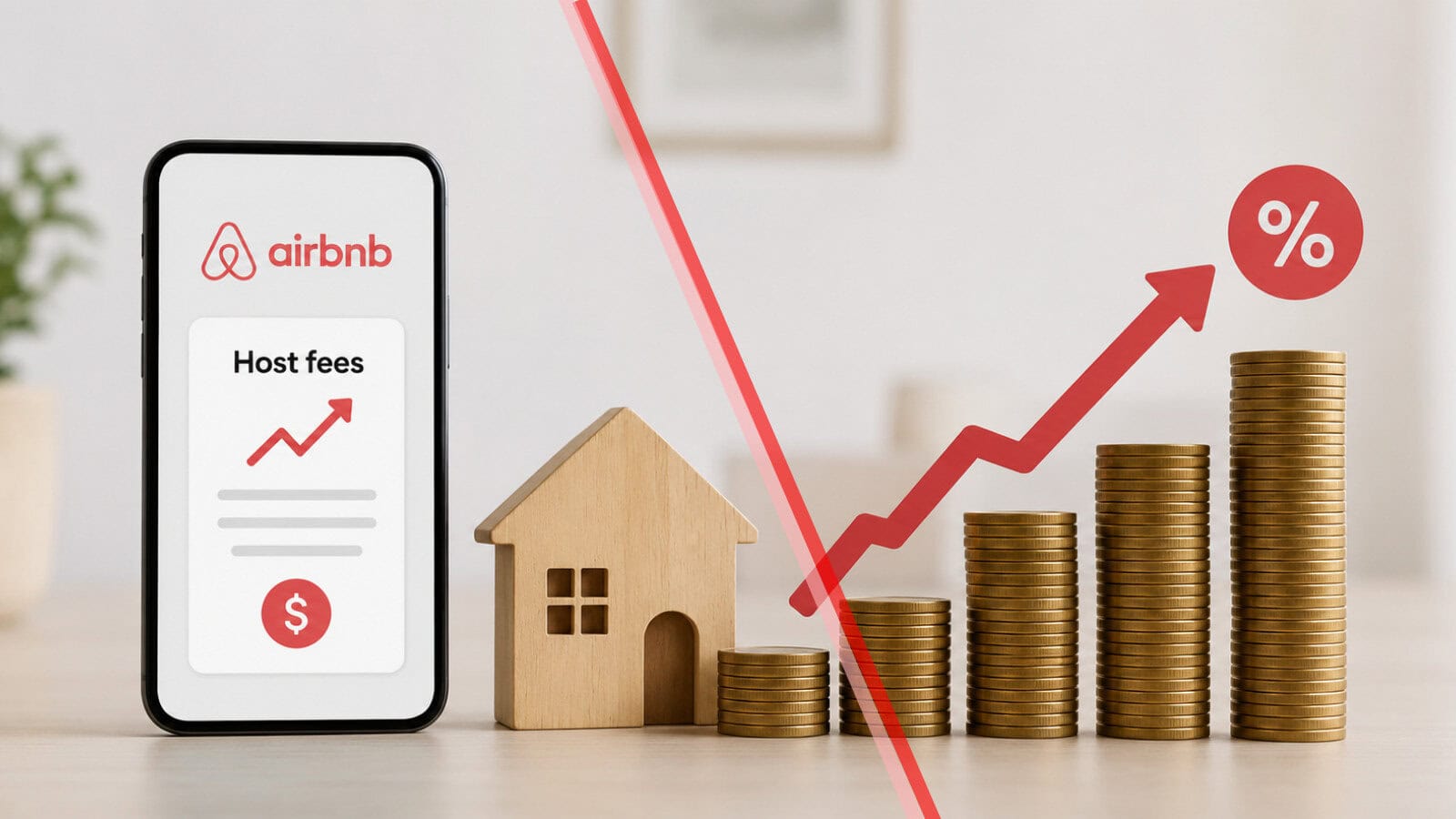 Illustration of an Airbnb host fee increase, showing a smartphone with a hosting interface beside a model house and rising stacks of coins connected by an upward red arrow, symbolizing higher hosting costs.