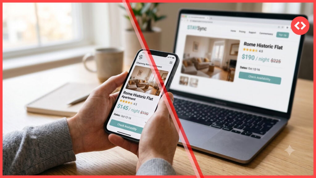 Smartphone showing Airbnb mobile discount with discounted vacation rental price beside a laptop showing the higher standard price
