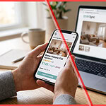 Smartphone showing Airbnb mobile discount with discounted vacation rental price beside a laptop showing the higher standard price