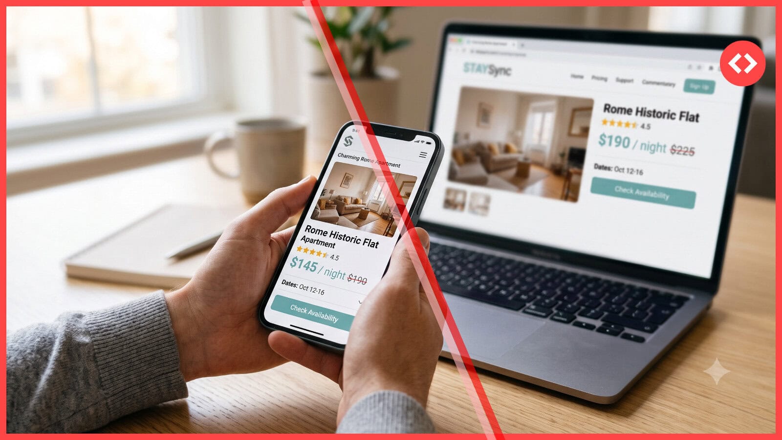 Smartphone showing Airbnb mobile discount with discounted vacation rental price beside a laptop showing the higher standard price