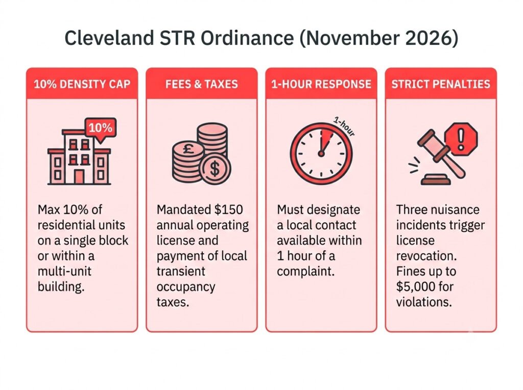 Mexico City Enforces Registration, England Delays Planning Class, Cleveland Caps Density 3 Infographic outlining the new Cleveland short term rental ordinances taking effect in November 2026, detailing the 10% density cap, licensing fees, 1-hour response requirement, and strict penalties.