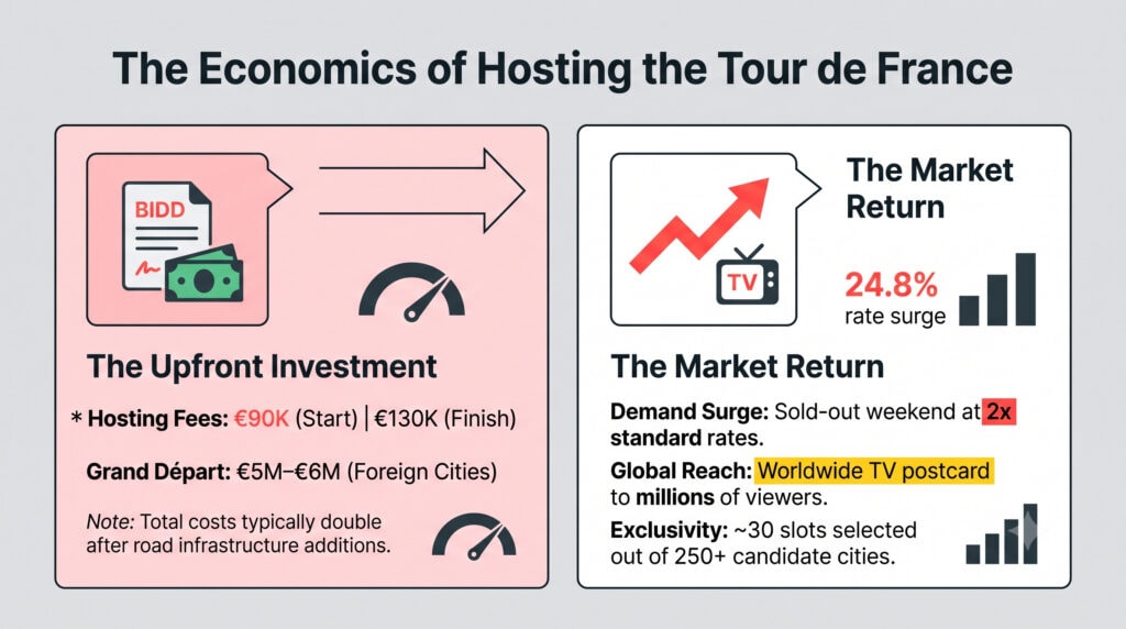 An infographic titled 'The Economics of Hosting the Tour de France' comparing upfront investment costs against market return metrics in a clean, split-card SaaS layout.