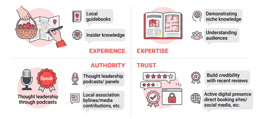 Found by AI, Chosen by Humans: The Short-Term Rental Guide to Generative Engine Optimization (GEO) 2 A quadrant diagram breaking down concrete examples of Experience, Expertise, Authority, and Trust (EEAT) signals that AI tools search for when executing Generative Engine Optimization for short-term rentals.