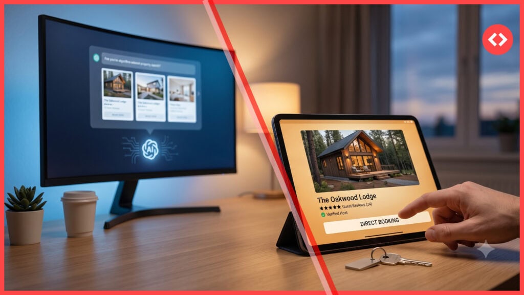 Close-up photorealistic image of a human hand poised above a 'DIRECT BOOKING' button for a modern cabin lodge on a tablet, adjacent to an AI-powered monitor. The scene visually explains the difference between being found by AI (GEO) and chosen by humans for short-term rentals.