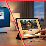 Close-up photorealistic image of a human hand poised above a 'DIRECT BOOKING' button for a modern cabin lodge on a tablet, adjacent to an AI-powered monitor. The scene visually explains the difference between being found by AI (GEO) and chosen by humans for short-term rentals.