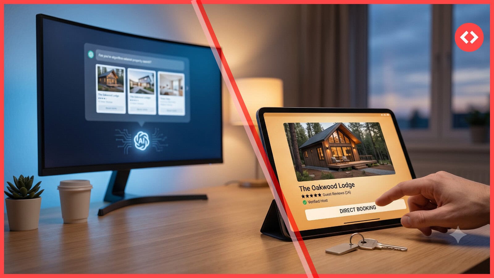 Close-up photorealistic image of a human hand poised above a 'DIRECT BOOKING' button for a modern cabin lodge on a tablet, adjacent to an AI-powered monitor. The scene visually explains the difference between being found by AI (GEO) and chosen by humans for short-term rentals.