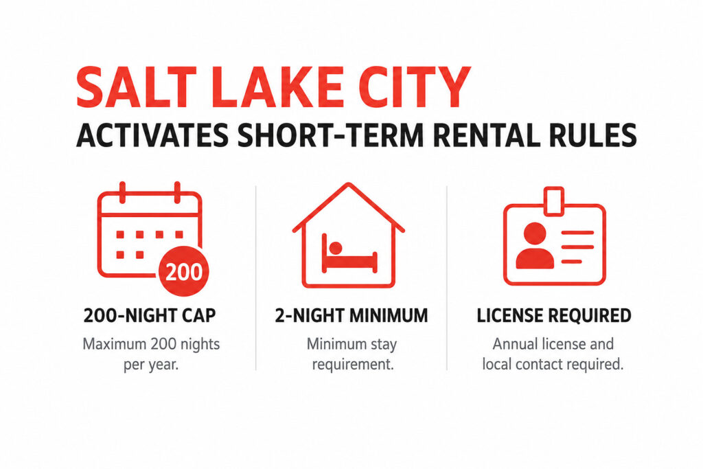 Salt Lake City Activates Licensing, Malaga Freezes New Permits, Byron Bay Listings Drop 15% 1 A minimalist infographic announcing Salt Lake City's new short-term rental rules, highlighting a 200-night annual cap, a two-night minimum stay, and a mandatory annual license with simple red line icons on a white background.