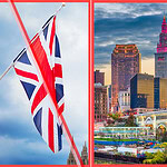 A side-by-side visual comparison panel illustrating vacation rental market environments influenced by different short term rental ordinances, featuring the flags of Mexico and the UK alongside a skyline view of Cleveland, Ohio.