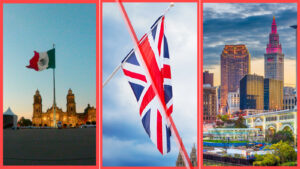 Home 5 A side-by-side visual comparison panel illustrating vacation rental market environments influenced by different short term rental ordinances, featuring the flags of Mexico and the UK alongside a skyline view of Cleveland, Ohio.