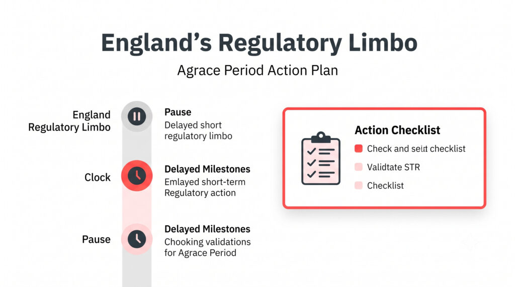 Mexico City Enforces Registration, England Delays Planning Class, Cleveland Caps Density 2 Infographic detailing a compliance action plan for new short term rental ordinances in England, featuring a checklist for property managers to validate STR licenses during the regulatory grace period.